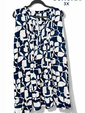 Sonoma Navy & White Geometric Sleeveless Pintuck Dress with pockets Linen